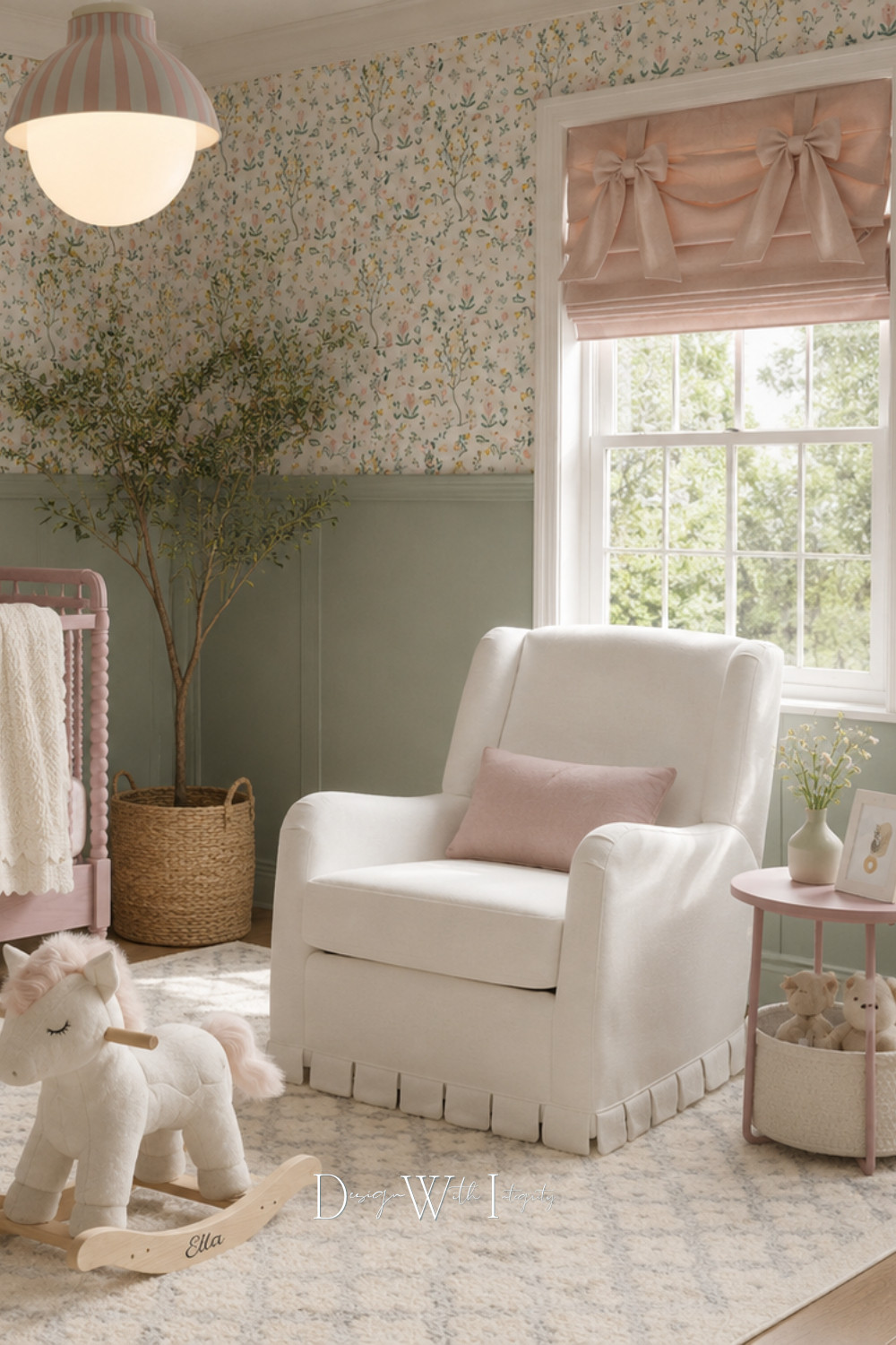 The sweetest nursery corners are the ones that feel soft, layered, and thoughtfully collected over time. This space pairs muted sage green paneling with dusty blush accents, delicate floral wallpaper, and tailored details that bring warmth and charm into every inch of the room. The bow roman shades, pleated glider, and whimsical rocking unicorn add a playful touch while still feeling elevated and timeless.

This nursery concept started as a digital mood board and was transformed into an AI generated design for inspiration, blending cottage inspired styling with soft feminine details. If you are dreaming of a nursery that feels calming, romantic, and effortlessly curated, shop the look on LTK for nursery furniture, lighting, wallpaper inspiration, rugs, and decor selections.

Tap through to shop the post and recreate this cozy nursery aesthetic in your own home.

#nurseryinspo #nurserydecor #ltkhome 

 #LTKHome