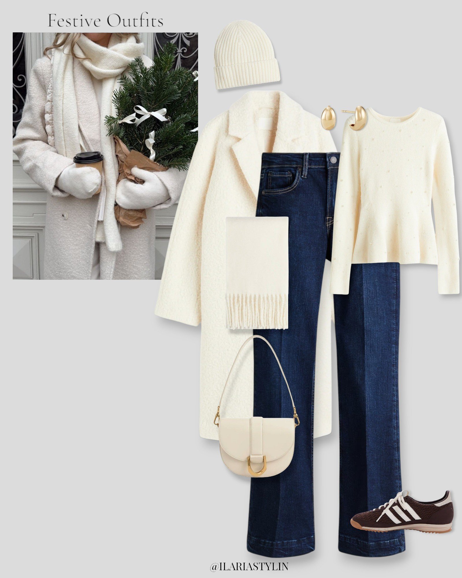 FESTIVE OUTFITS 🎄✨festive outfit, festive outfit ideas, cream coat, bouclé coat, double-breasted coat, cream top, peplum top, bead-embellished top, blue jeans, bootcut jeans, cream scarf, brown sneakers, adidas sneakers, adidas sl 72, cream bag, shoulder bag, casual chic outfit, chic outfit

#LTKHoliday #LTKSeasonal #LTKFindsUnder100