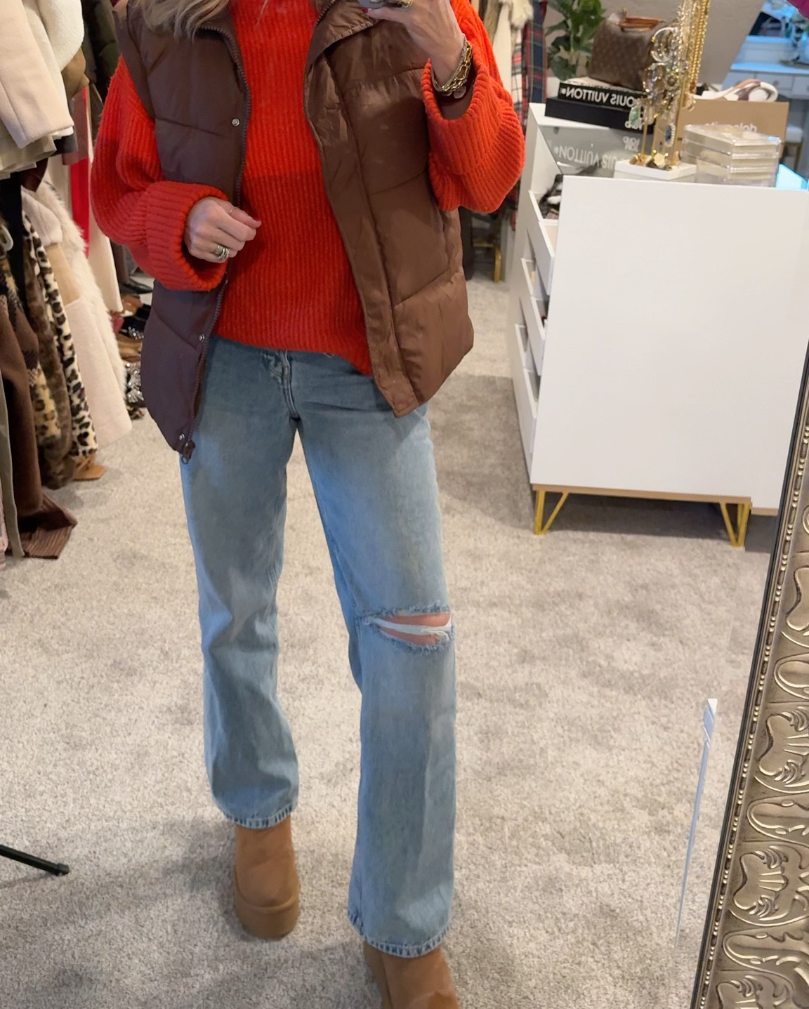 Winter outfit inspiration 
Easy, affordable,comfortable and cute

Oversized puffer vest, comes in several colors, fits tts and warm a great layering piece 

Color block sweater with large sleeve cuffs - old by z supply linked similar tts 

Free people straight leg jeans with one knee ripped , bottom fly closer tts , light wash 

Cognac brown platform Sherpa lined slip ons fit tts and 


#LTKootd #LTKSaleAlert #LTKOver40