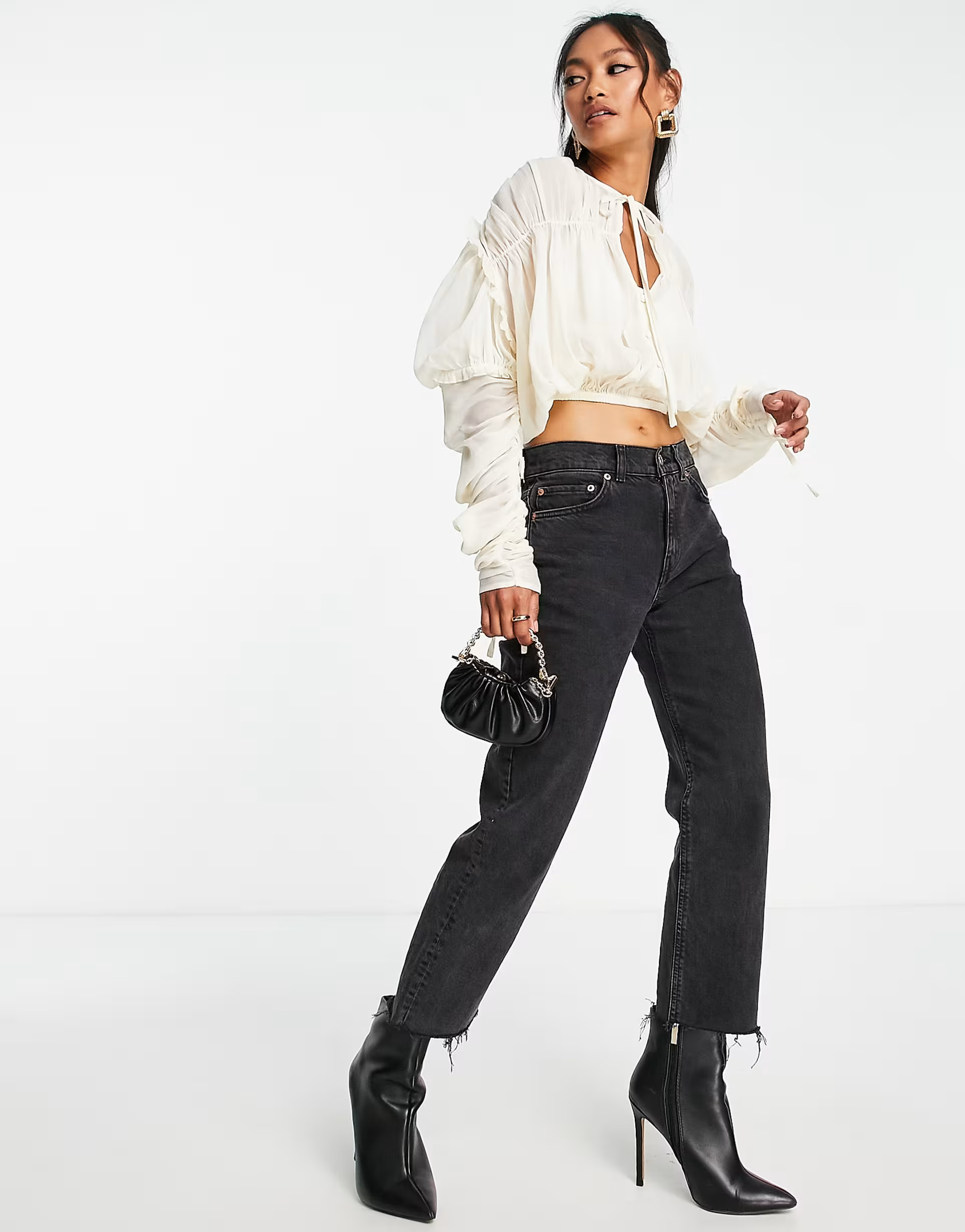 ASOS DESIGN sheer blouse with ruched sleeves & blouson in cream | ASOS (Global)