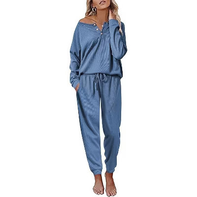 Ekouaer Pajamas Women's Waffle Knit Sleepwear Long Sleeve Top with Pants Casual Pjs Loungewear Blue M | Target