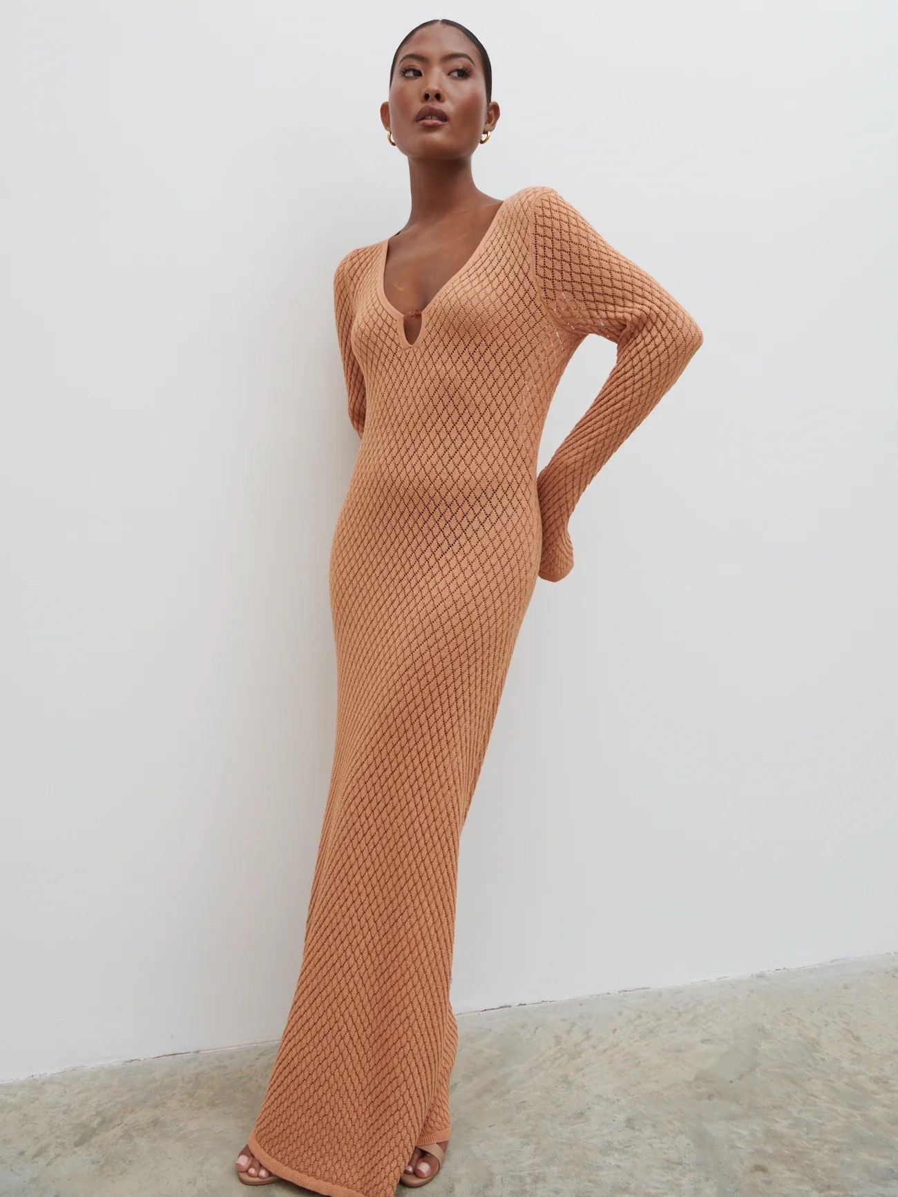 Croisette Knit Beaded Midaxi Dress - Apricot | Pretty Lavish (UK)