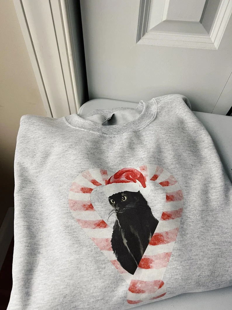Candy Cane Kitty Crewneck Christmas Cat Vintage Shirt - Etsy | Etsy (US)