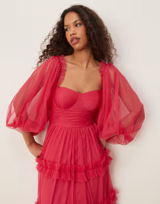 Lace & Beads corset balloon sleeve ruffle maxi dress in bright fuchsia | ASOS (Global)