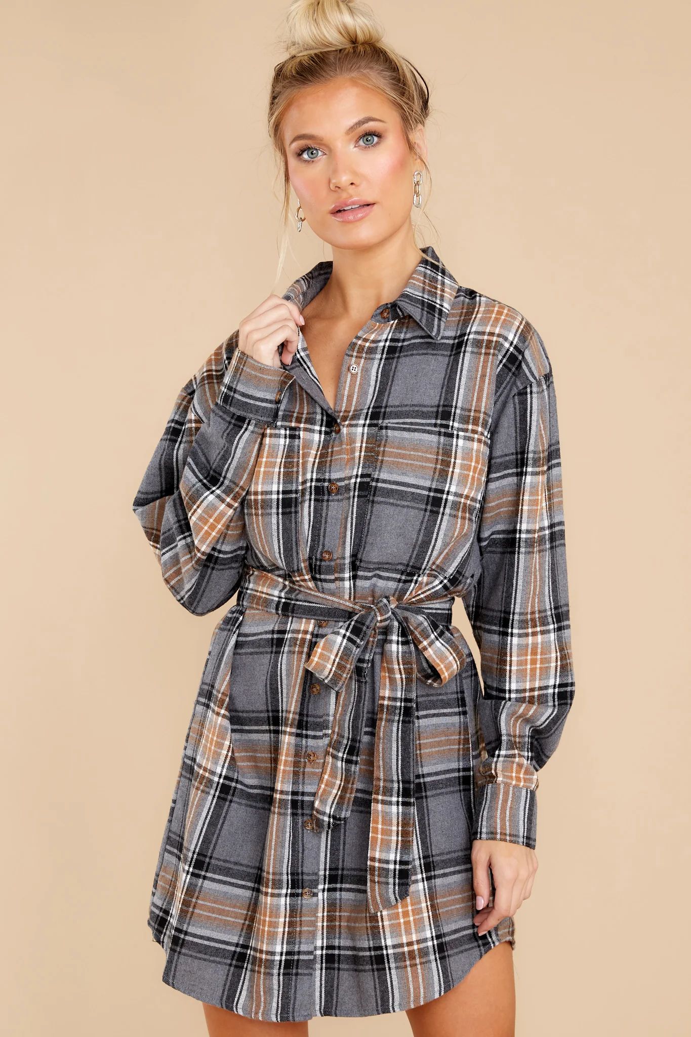 Make Time Grey And Caramel Plaid Dress | Red Dress 