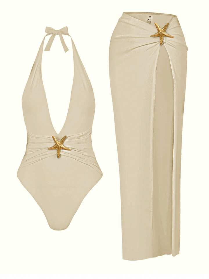 Swim Summer Beach 2 Packs Starfish One Piece Swimsuit & Bustle High Split Long Skirt 2 Pcs Set | SHEIN