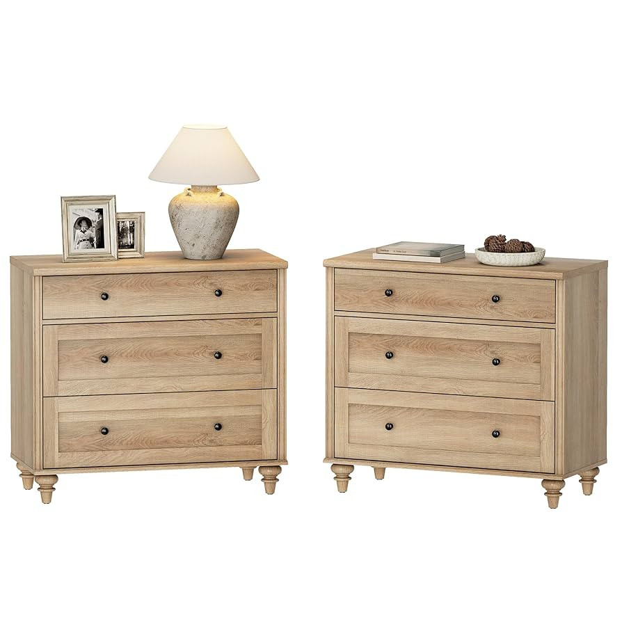 WAMPAT Farmhouse Nightstand with 3 Drawers, Set of 2 Large 3 Drawers Wood Bedside Table Night Sta... | Amazon (US)