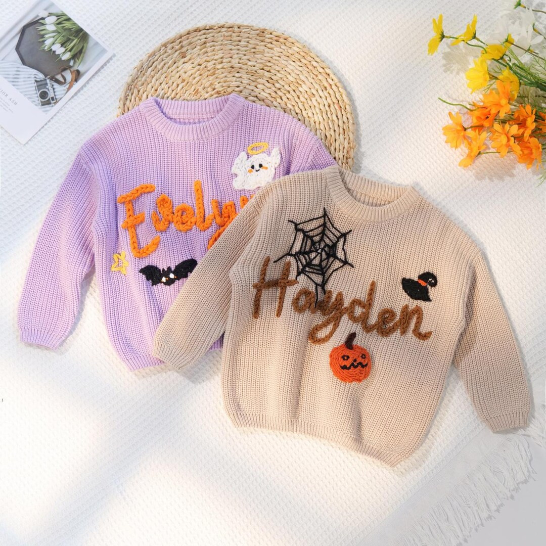 Happy Halloween Personalized Embroidered Name Baby Sweater, Custom Baby Name Sweater, Baby Girls ... | Etsy (US)