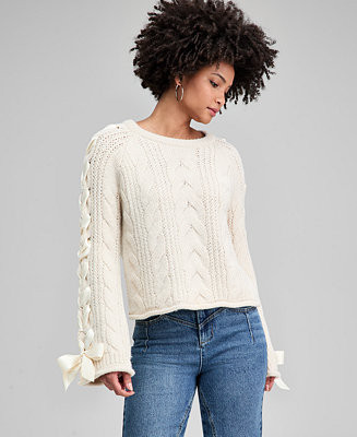 Women's Satin-Bow-Sleeve Sweater, Macy's Exclusive | Macy's