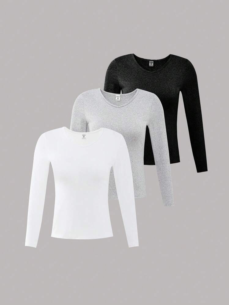 SHEIN 3pcs Tween Girl Casual Everyday V-Neck Long Sleeve T-Shirts, Black White Grey | SHEIN