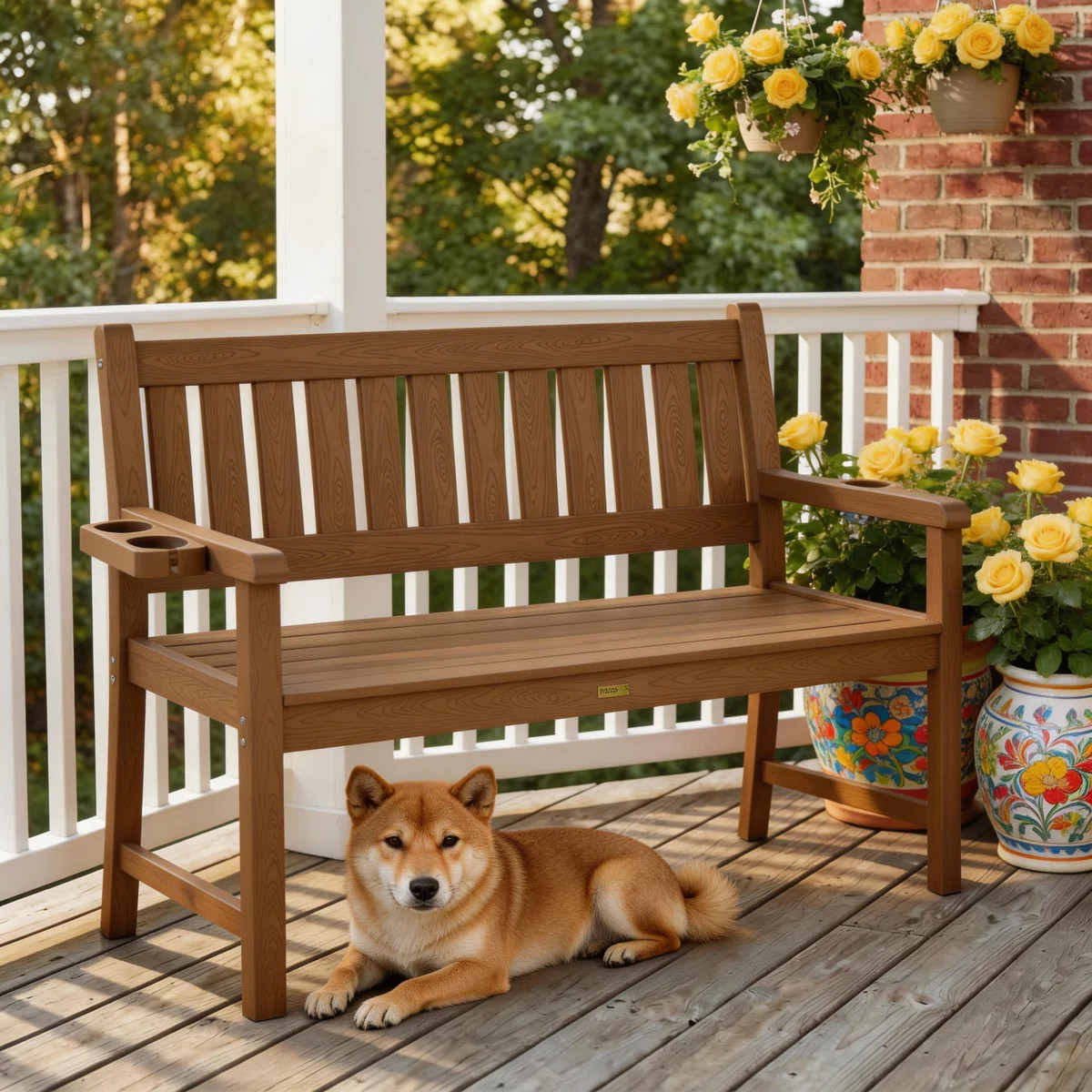 56.3'' All Weather HIPS Outdoor Bench 2-Seat Garden Benches Patio Porch Bench With 2 Cup Holders | Wayfair North America