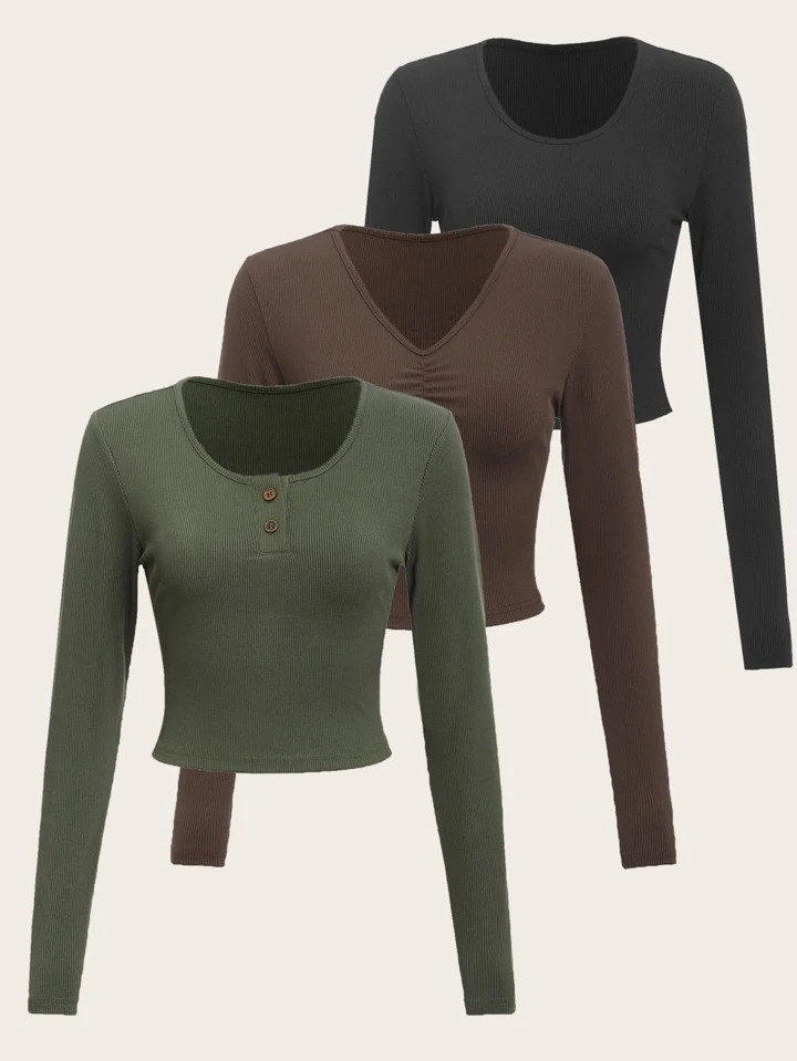 ROMWE 3pcs Solid Button Decor Crop Tee | SHEIN