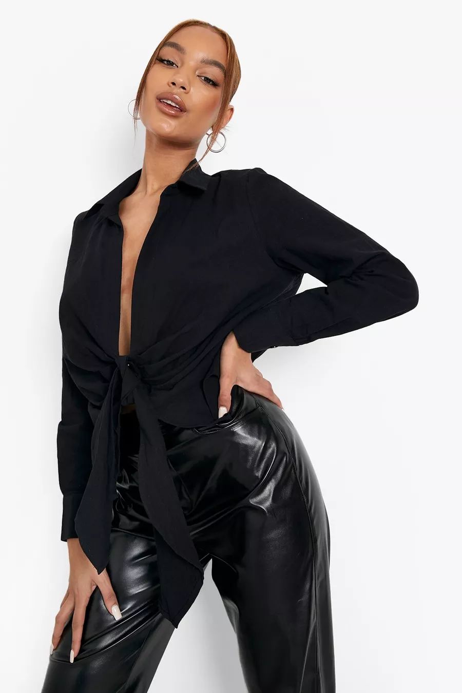 Black Linen Look Ruched Shirt | Boohoo.com (UK & IE)