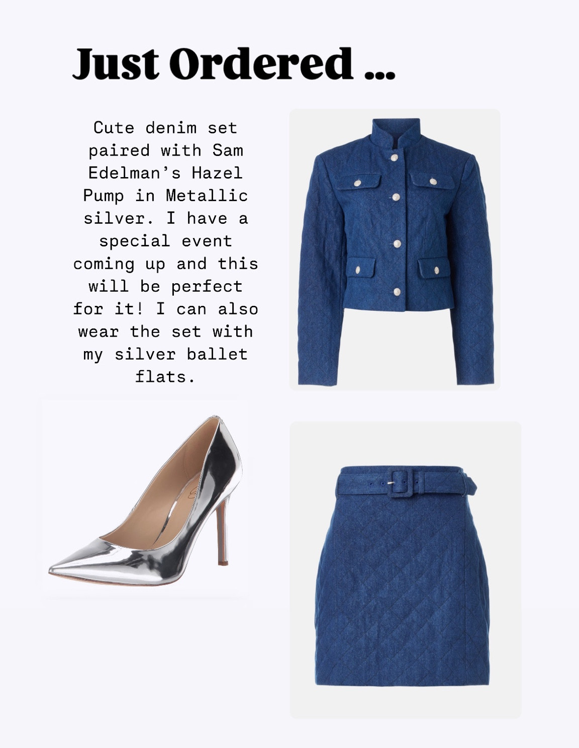 Loving this denim set and silver heel. The jacket has silver buttons so the detail goes perfectly with the shoes. Love the color combo. Will wear with a white tank top under to keep the jacket unbuttoned  

#LTKStyleTip #LTKWorkwear #LTKShoeCrush