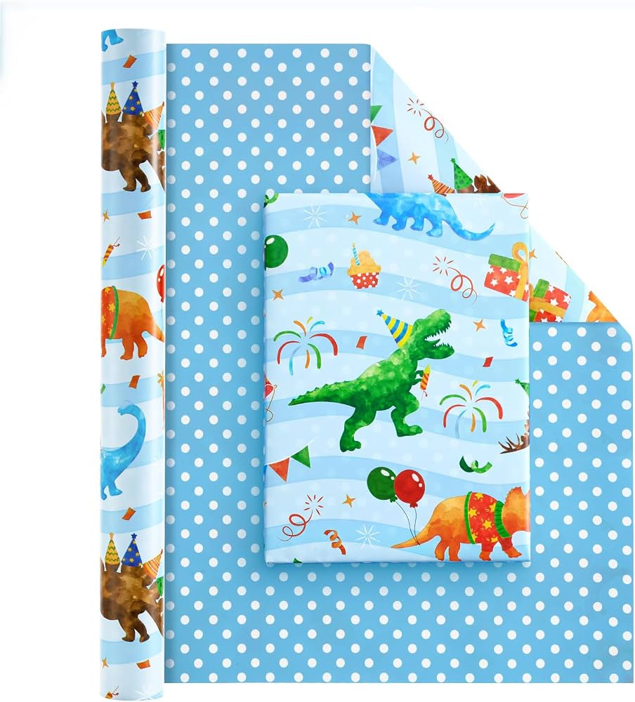 WERNNSAI Dinosaur Reversible Wrapping Paper Roll - 1 Roll 17” x 33 ft Happy Birthday Wrapping P... | Amazon (US)