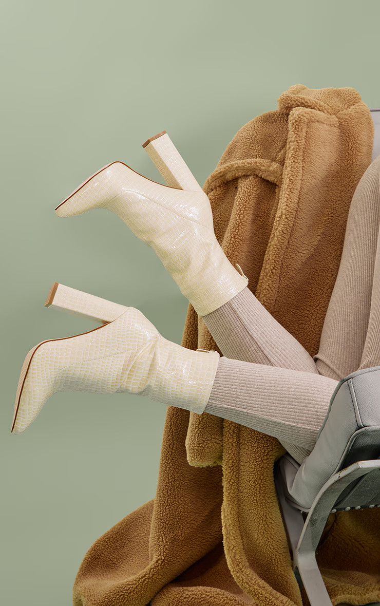 White Croc Block Heel Point Boot | PrettyLittleThing US