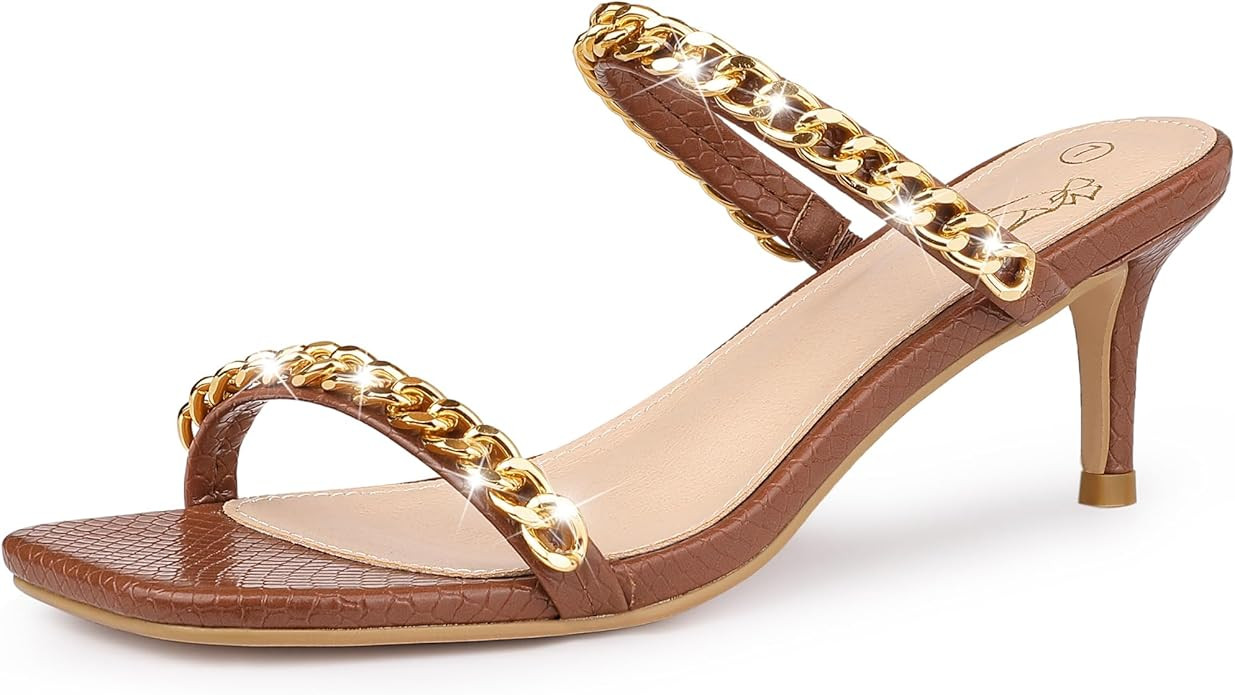 Perphy Snakeskin Print Square Toe Gold Chain Stiletto Heels Strappy Sandals for Women | Amazon (US)