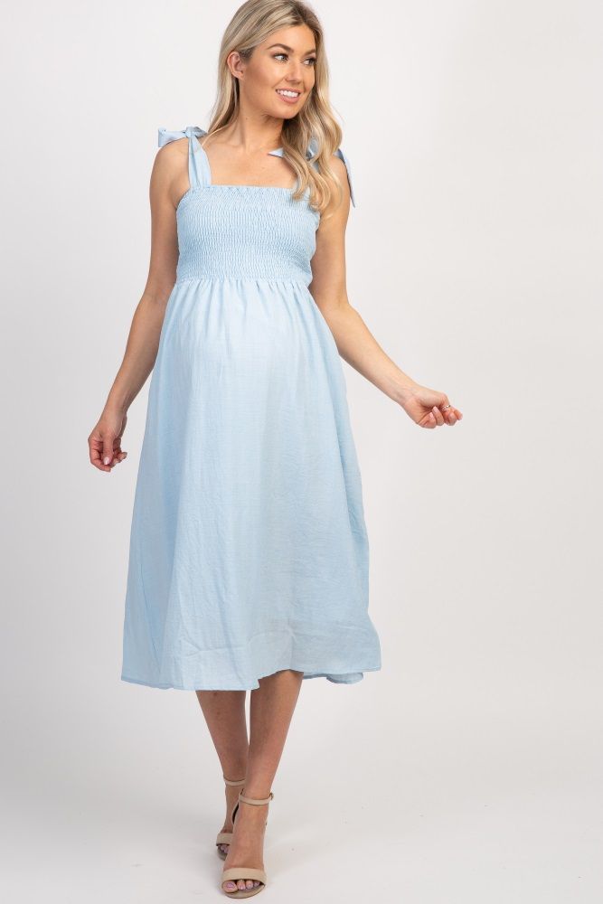 Light Blue Strap Tie Smocked Maternity Dress | PinkBlush Maternity
