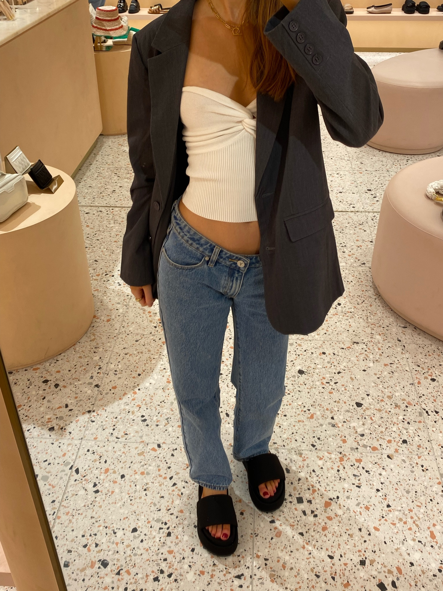 Dissh tube twist top, abrand low rise jeans, the perfect everyday jeans, casual outfit inspo, black platform slides, fall outfit, spring fashion, grey blazer, affordable blazer, charcoal oversized blazer, minim ootd

#LTKfindsunder100 #LTKSeasonal #LTKworkwear