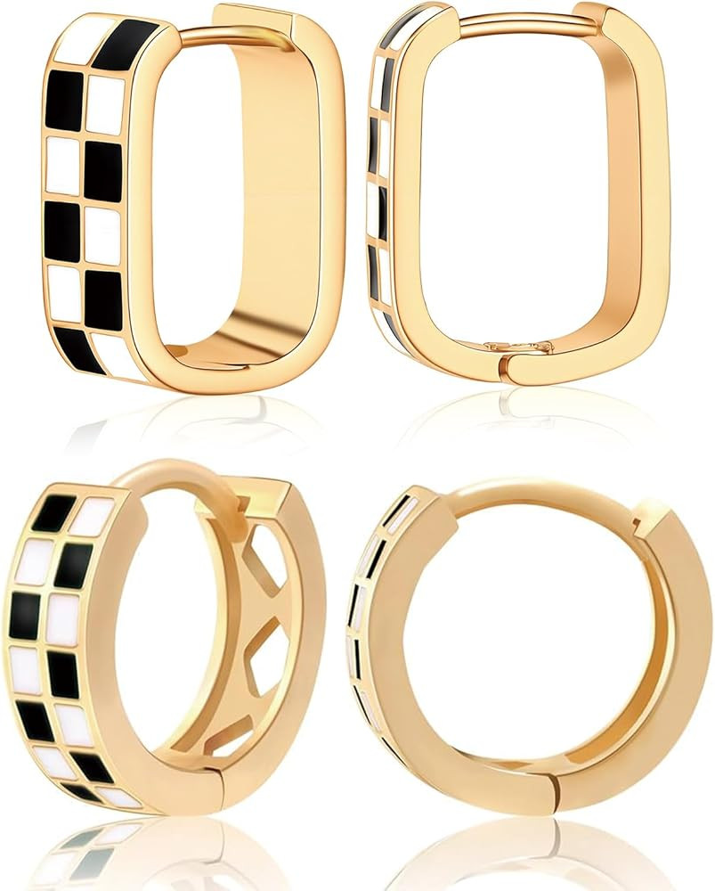 Dainty Checkered Hoop Earrings Set,18K Gold Filled Enamel Oval Hoop Earrings,For Women Checker Ch... | Amazon (US)