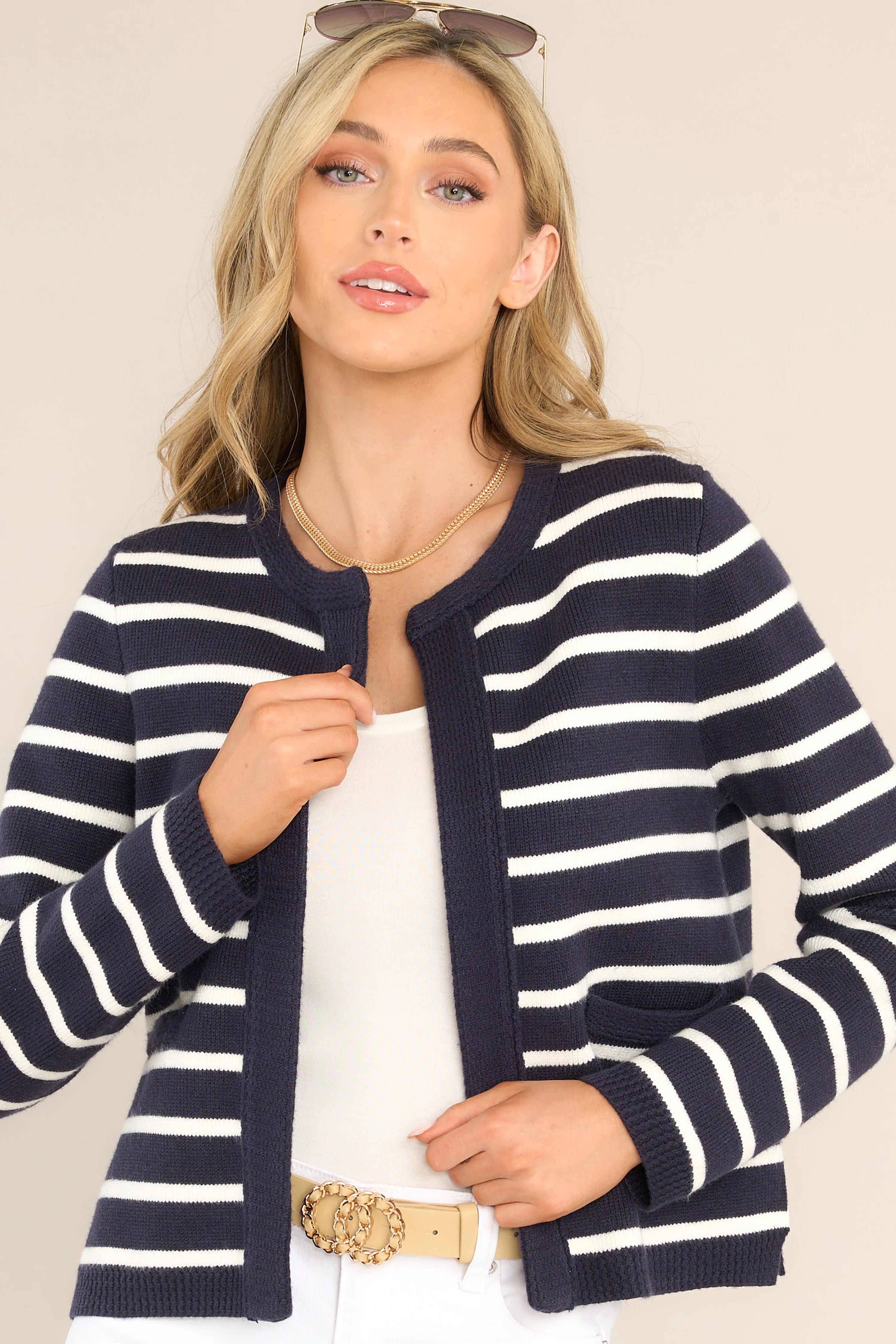 Retail Therapy Navy & White Striped Cardigan | Red Dress 