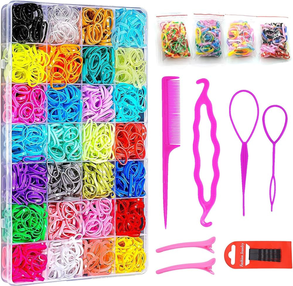 Hair Ties 2100pcs, 32 Color Rubber Bands for Hair, Hair Elastics for Women, Girls, Kids, Small Ha... | Amazon (US)