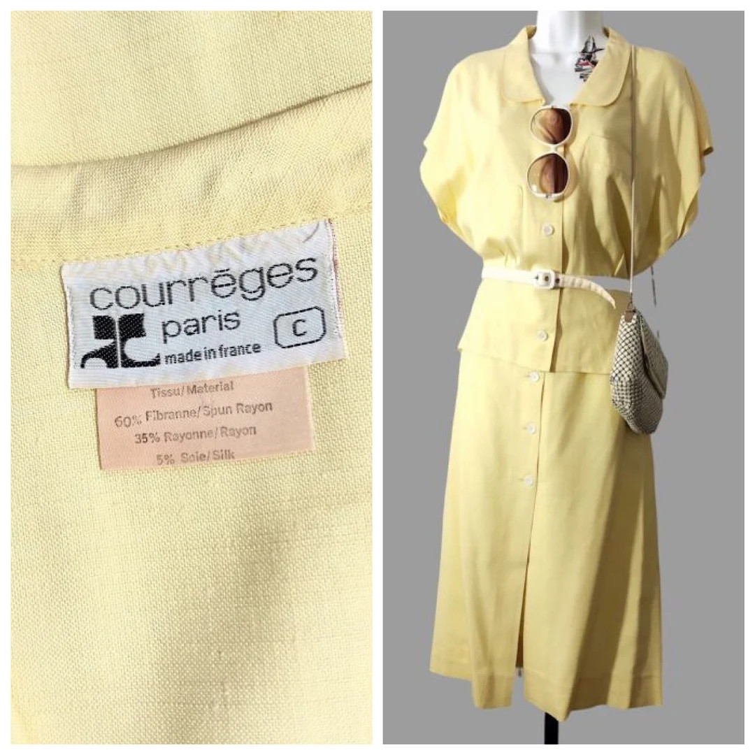 60s rare courreges citron yellow two piece set, vintage french designer skirt, blouse, belt | Etsy (US)