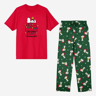 Men's Snoopy Holiday Lounge Set - Red/Green S | Target