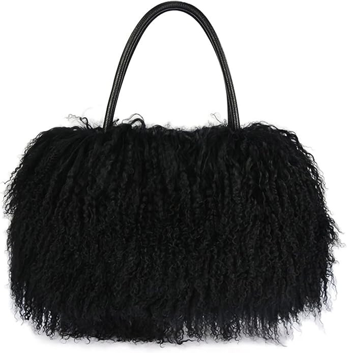 Women Luxury Real Lamb Mongolian Flush Wool Fur With Genuine Leather Handles Handbag | Amazon (US)
