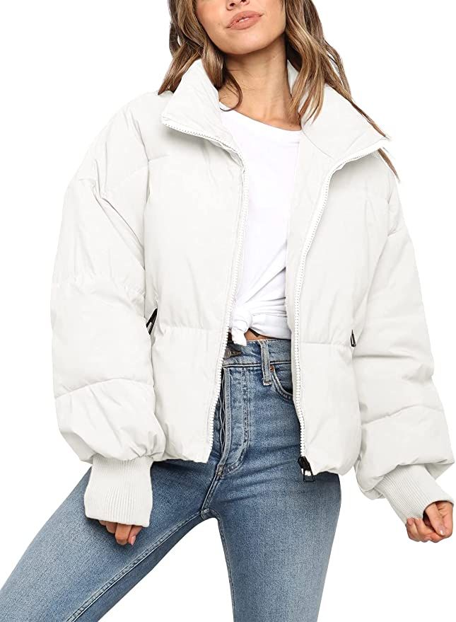 ZROZYL Women's Winter Puffer Down Jacket Long Sleeve Zipper Pockets Baggy Short Coats | Amazon (US)