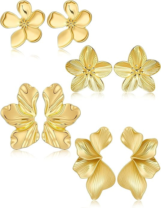 Gold Flower Statement Earrings for Women, 14K Gold Plated Large Irregular Leaf Floral, Big Chunky... | Amazon (US)