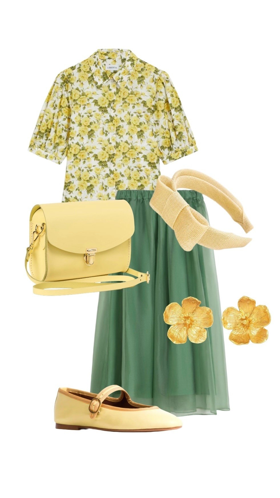 Yellow Roses Print Cotton Puff Sleeve Blouse - NEW at Liberty London (also comes in a shirt dress) 

‘Pushlock’ Yellow Leather Bag - NEW at Cambridge Satchel Company 

Gold Buttercup Earrings - Ottoman Hands - matching pendant necklace also available 

Green Taffeta Skirt - Weekend by Maxmara 

Pineapple Yellow Mary Janes - Anonymous Copenhagen (see other options on product list) 

Yellow Raffia Bow Headband - Etsy

#LTKuk #LTKspring #LTKwedding

#LTKsummer #LTKeurope #LTKluxury
