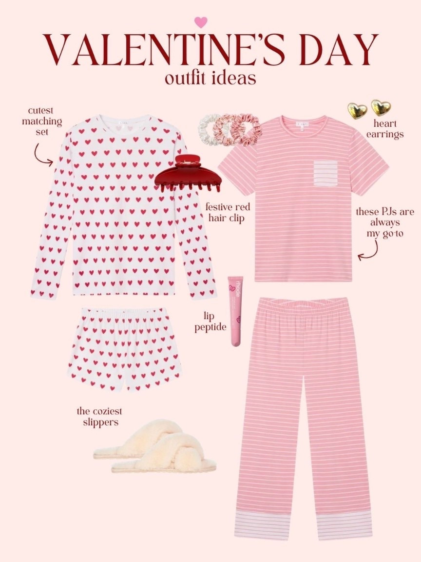 [2/6/26] valentine’s day outfit ideas 💌 these are perfect for a movie date night or galentines pajama party! the comfiest pajamas, my favorite hair clip, cute heart earrings and slippers! 

#LTKSeasonal #LTKValentine #LTKootd