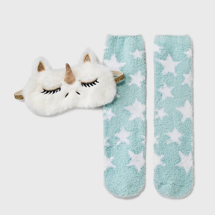 Women's Unicorn Faux Fur Eyemask & Cozy Socks Set - Ivory/Mint 4-10 | Target