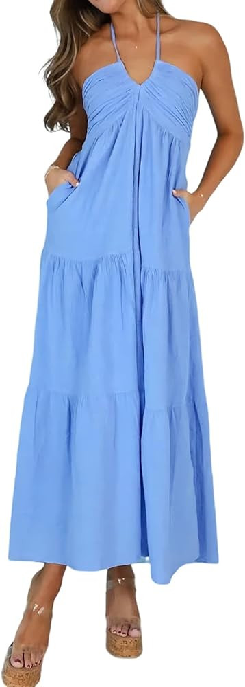 Women's Casual Halter Tiered Vacation Maxi Dress with Pockets | Amazon (US)