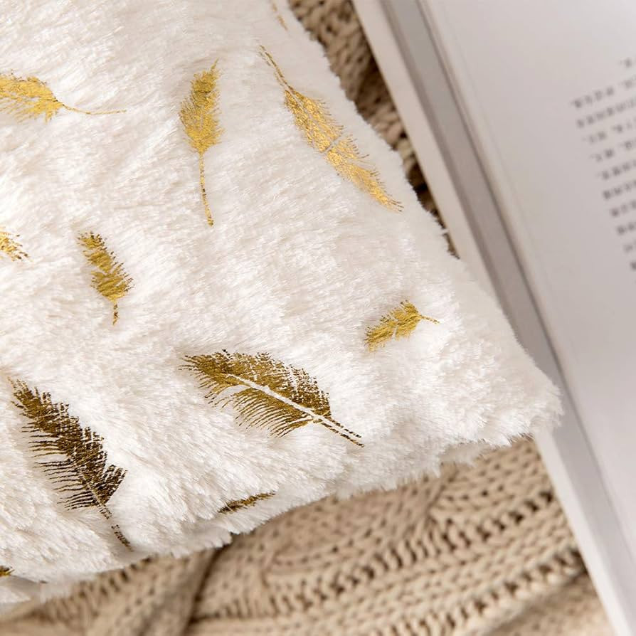 MIULEE Pack of 2 Decorative Throw Pillow Covers Plush Faux Fur with Gold Feathers Gilding Leaves ... | Amazon (US)
