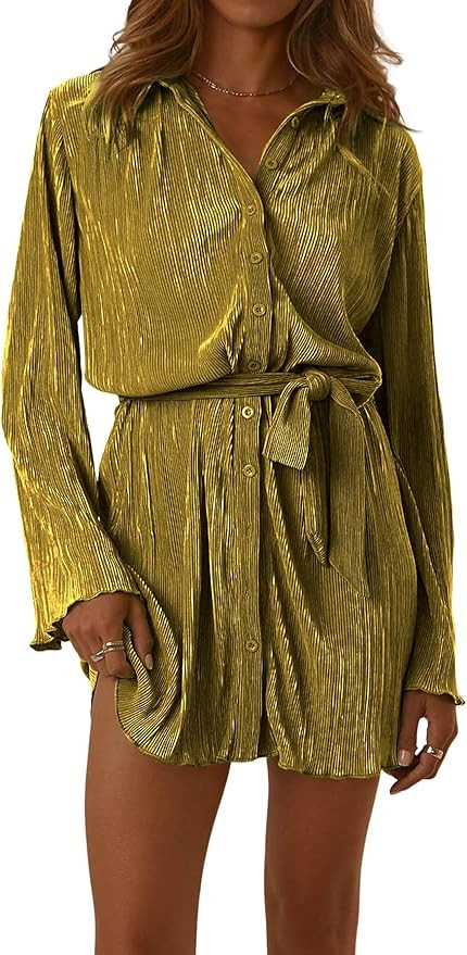 LYANER Women's Collar V Neck Button Down Pleated Long Sleeve Mini Shirt Dress with Belt | Amazon (US)