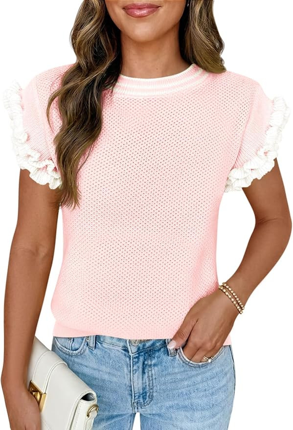 Saodimallsu Womens Ruffle Short Sleeve Sweaters Casual Crew Neck Color Block Loose Knit Summer Tr... | Amazon (US)