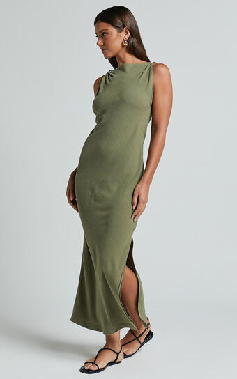 Jessenia Maxi Dress - Linen Look High Neck Dress in Olive | Showpo (US, UK & Europe)