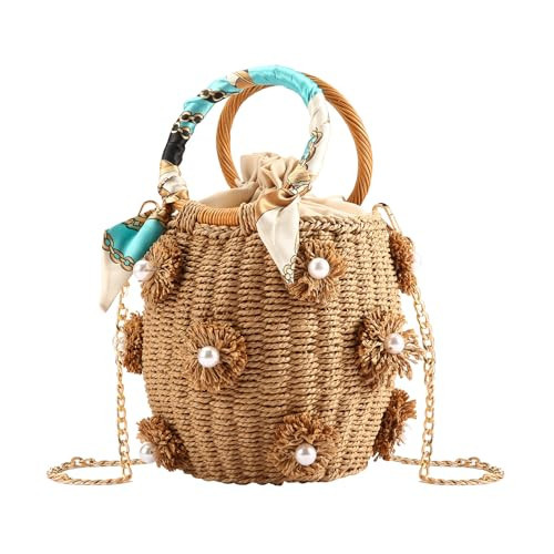 NIBD Straw Tote Bag for Women Flower Pearls Bucket Bag Summer Vacation Beach Purse Woven Handbags (K Flower) | Amazon (US)