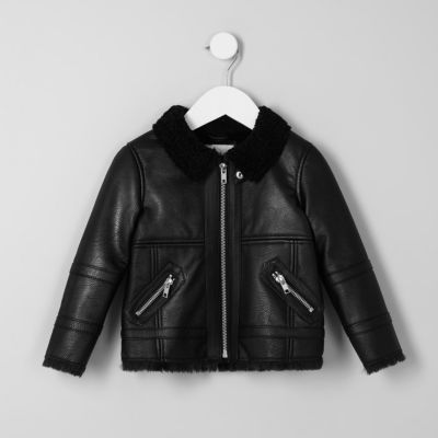 River Island Mini boys black faux shearling aviator jacket | River Island (US)