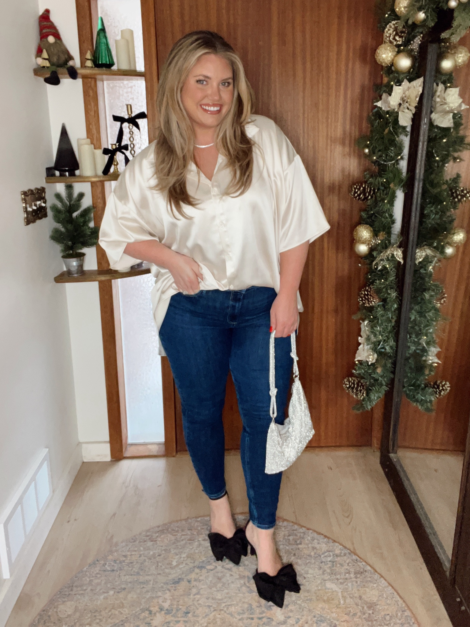 Holiday outfit Inspo. A little more casual look. These are my go to dark denim to dress up. I love the fit, tts. 
I’m in an xl in the silk top (actually a dress) But it runs big. 

#LTKSeasonal #LTKHoliday #LTKStyleTip