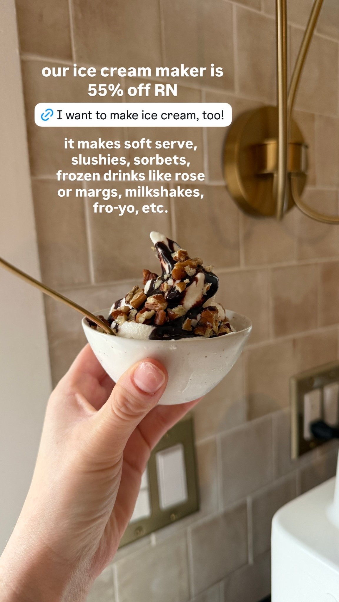 our ice cream maker is 55% off RN  it makes soft serve, slushies, sorbets, frozen drinks like rose or margs, milkshakes, fro-yo, etc.