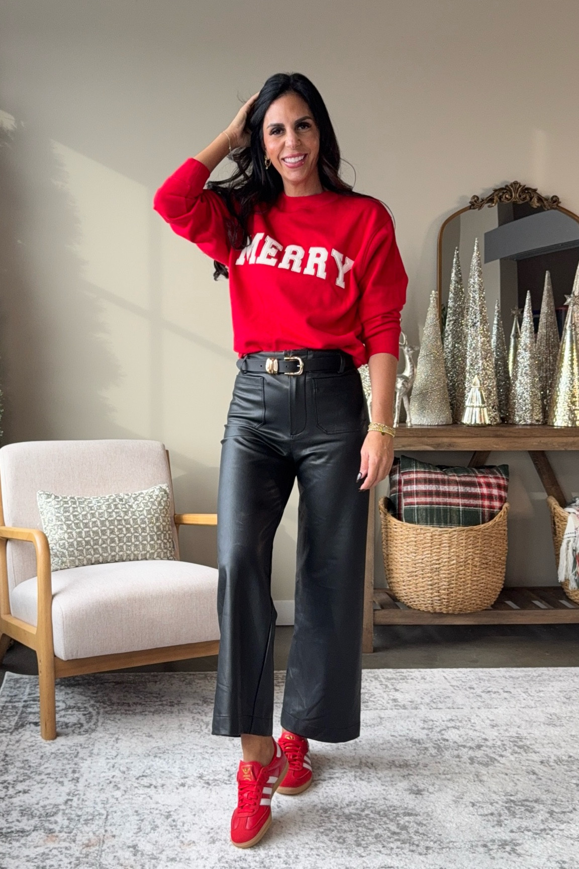 Target sweatshirt is on sale! 

Anthropologie is 30% off currently and these Colette faux leather pants are one of my all-time favorites! 
Wearing a 26 Tall (the red looks way darker in stock photos 
Bodysuit has compression - small 
Sweater - medium 
Code: shannon30

#LTKU #LTKSaleAlert #LTKHoliday

#LTKCyberWeek #LTKSaleAlert #LTKU