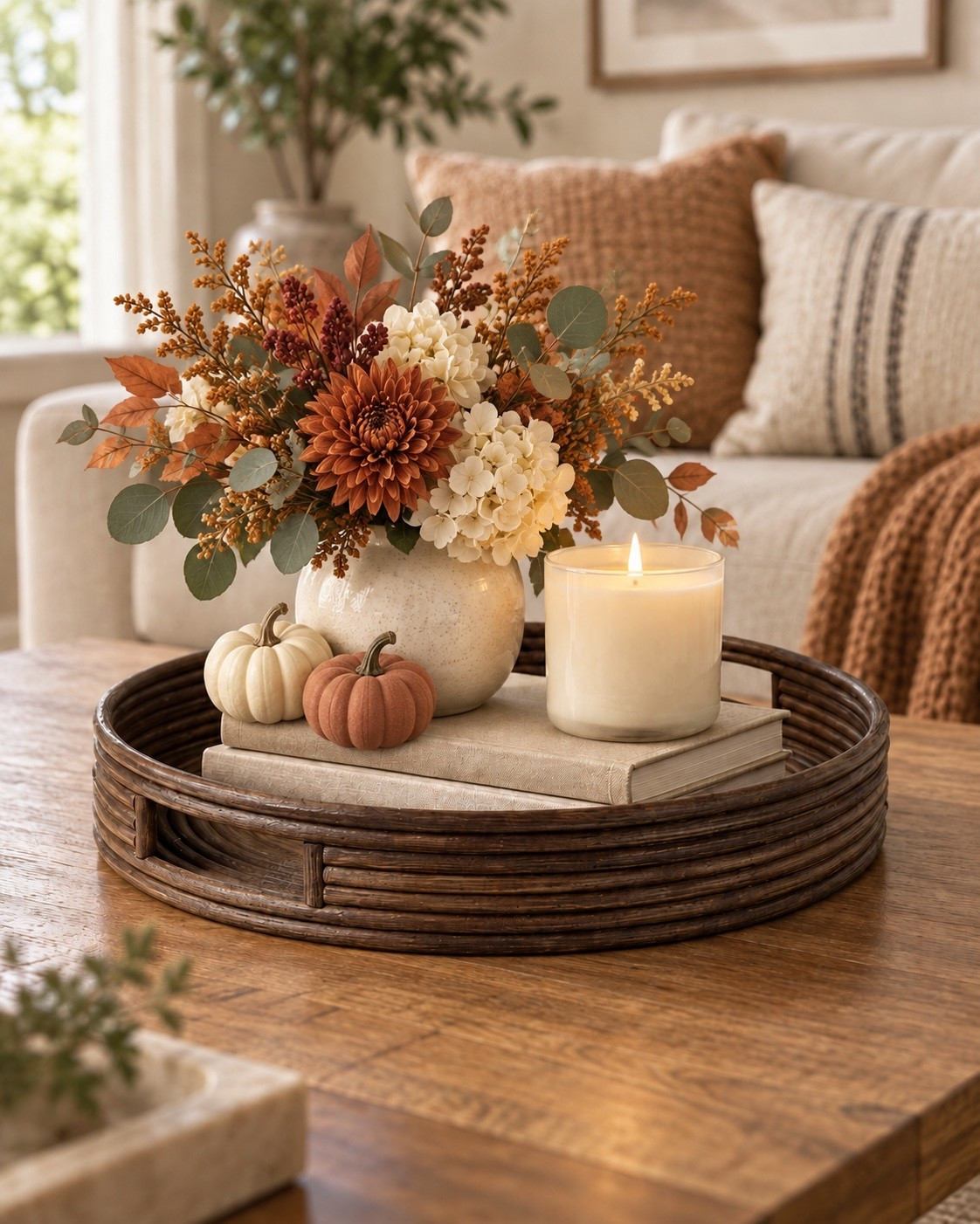 The easiest way to make your coffee table feel ready for fall 🍂🤎 This dark brown woven rattan tray is perfect for layering neutral pumpkins, fall florals, candles, and cozy coffee table decor. I love how the warm wood tone adds texture while still working with neutral home decor all year long!

#LTKSeasonal #LTKHome