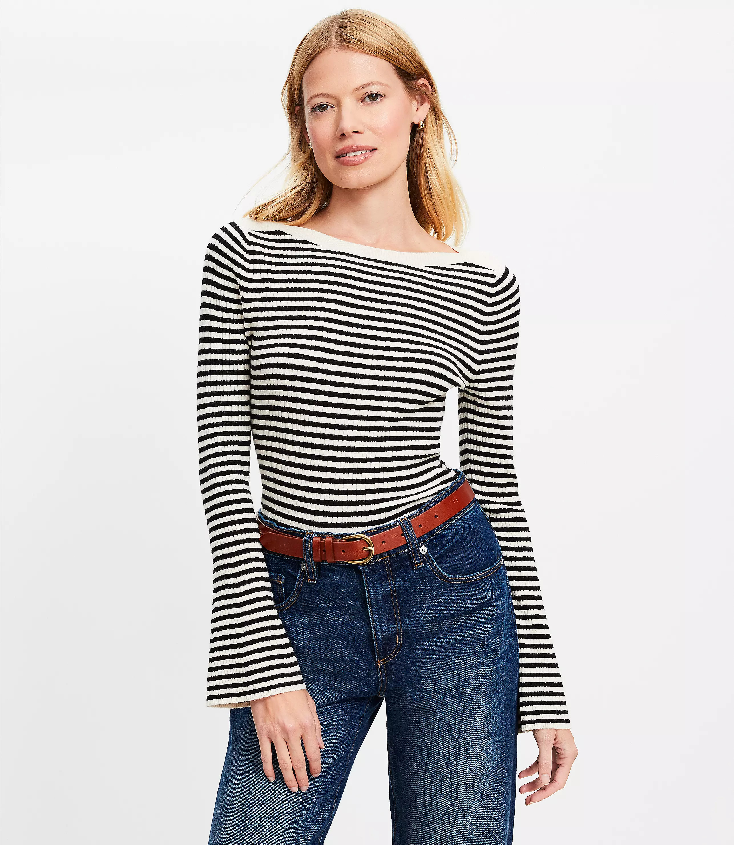 Striped Boatneck Flare Sleeve Sweater | LOFT
