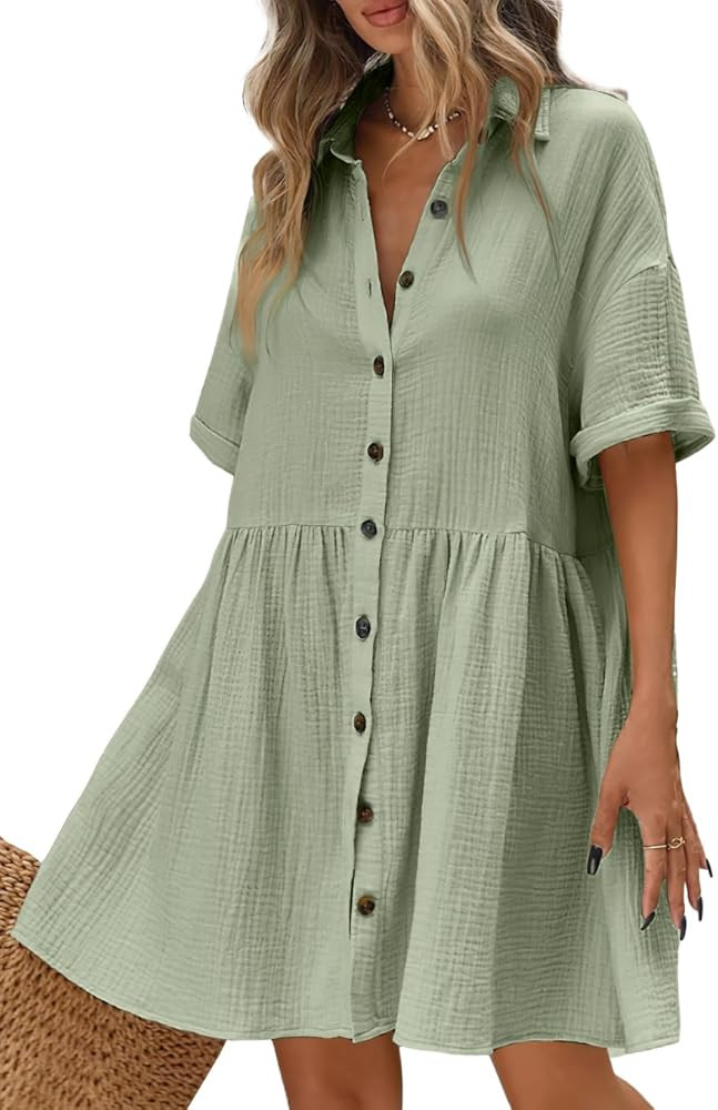 chouyatou Women's Casual Short Sleeve Button Down Mini Shirt Dress Cotton Babydoll Tunic Loose Be... | Amazon (US)