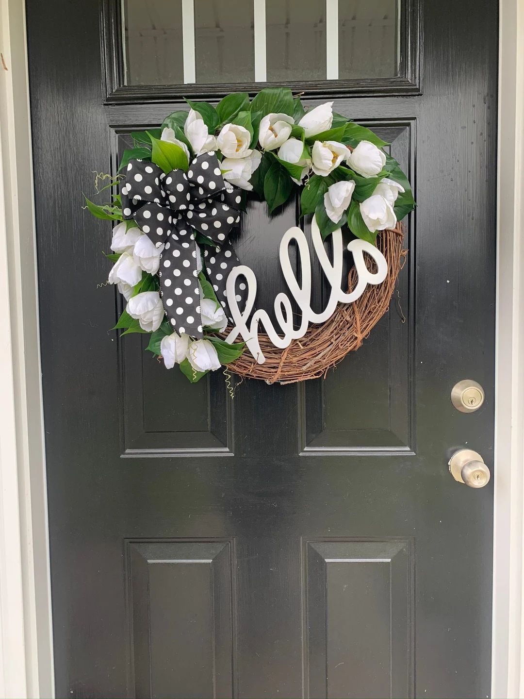 Spring Wreath for Front Door, Hello Wreath, Spring Wreath, Tulip Wreath, Housewarming Gift, White... | Etsy (US)