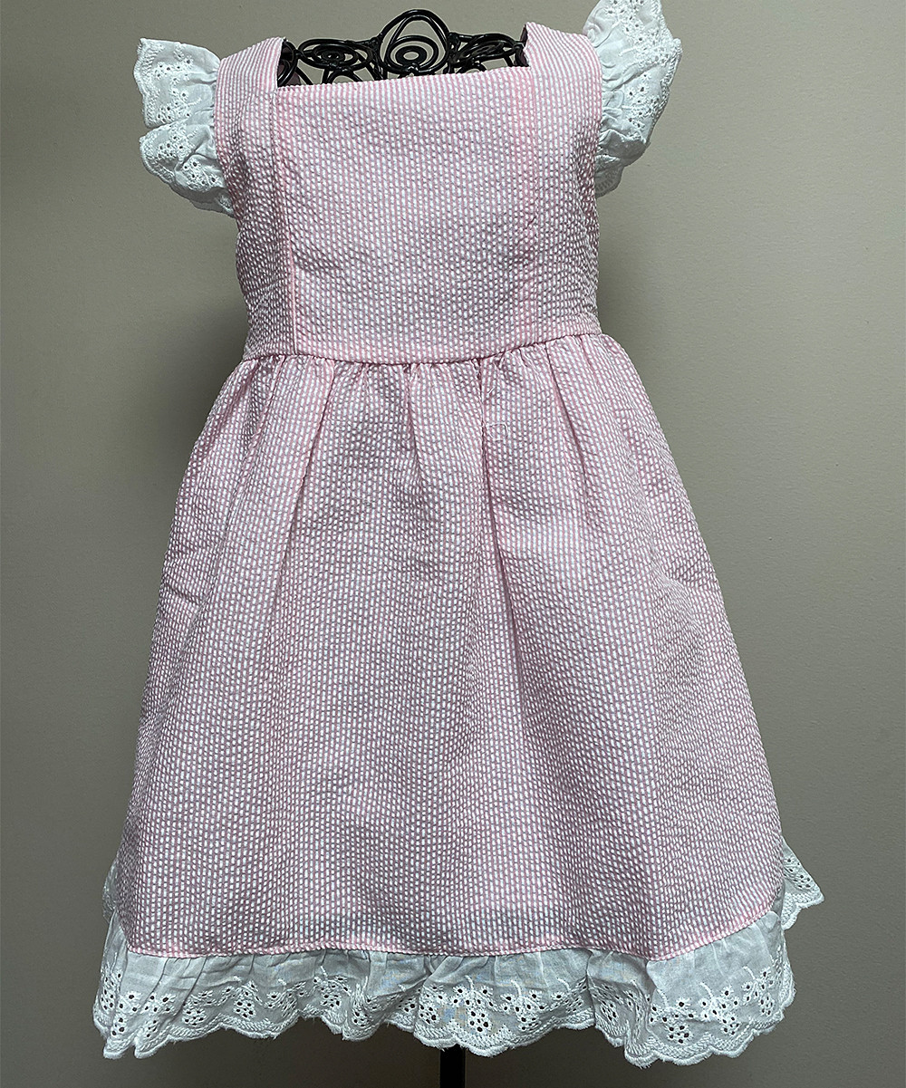 Smocked or Not Girls' Casual Dresses Pink - Pink & White Vintage-Lace Seersucker Angel-Sleeve Dress  | Zulily