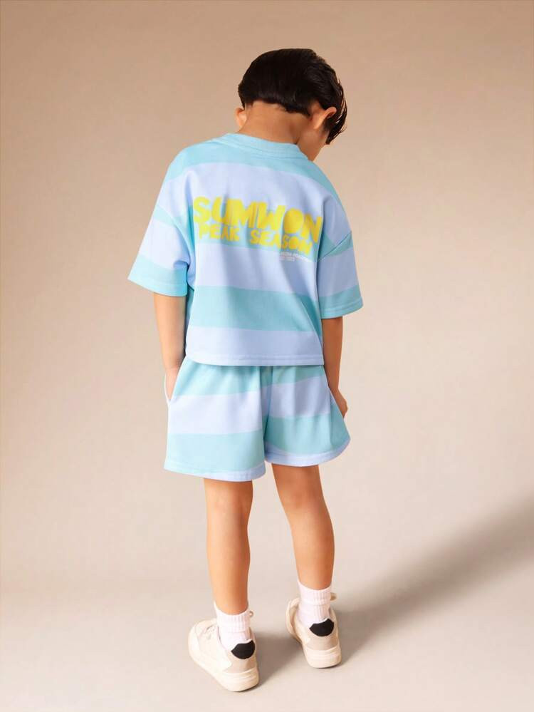 SUMWON Boys Summer Oversized Striped T-Shirt And Shorts Co-Ord Set With Peak Season Text Print Cr... | SHEIN